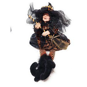 Halloween Elf Witch 19" Black Broom Party Decor Wreath Center